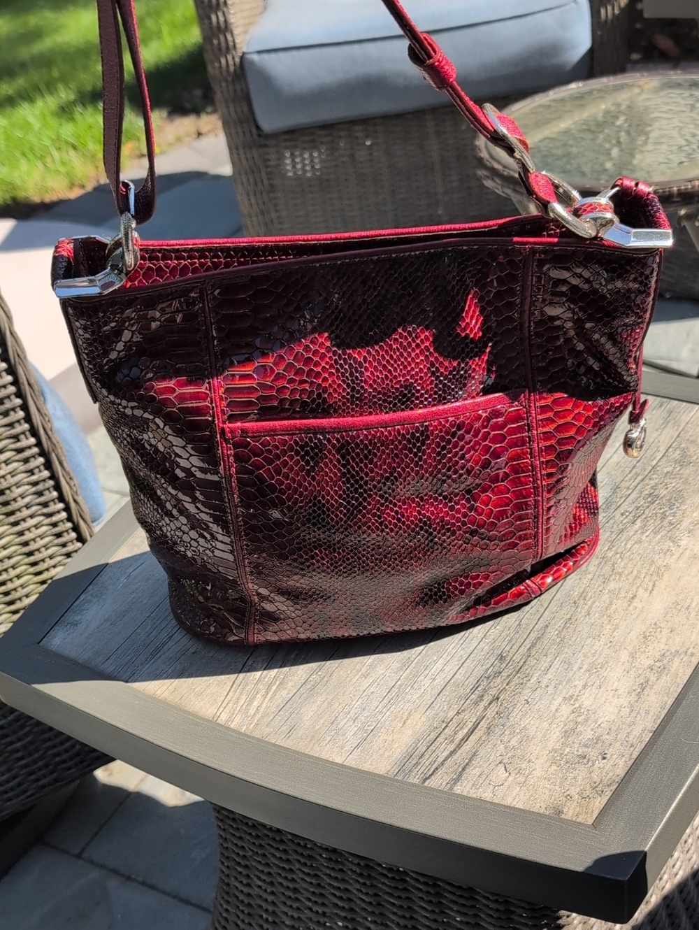 Brighton Blood Red Snakeskin Embossed Shoulder Bag